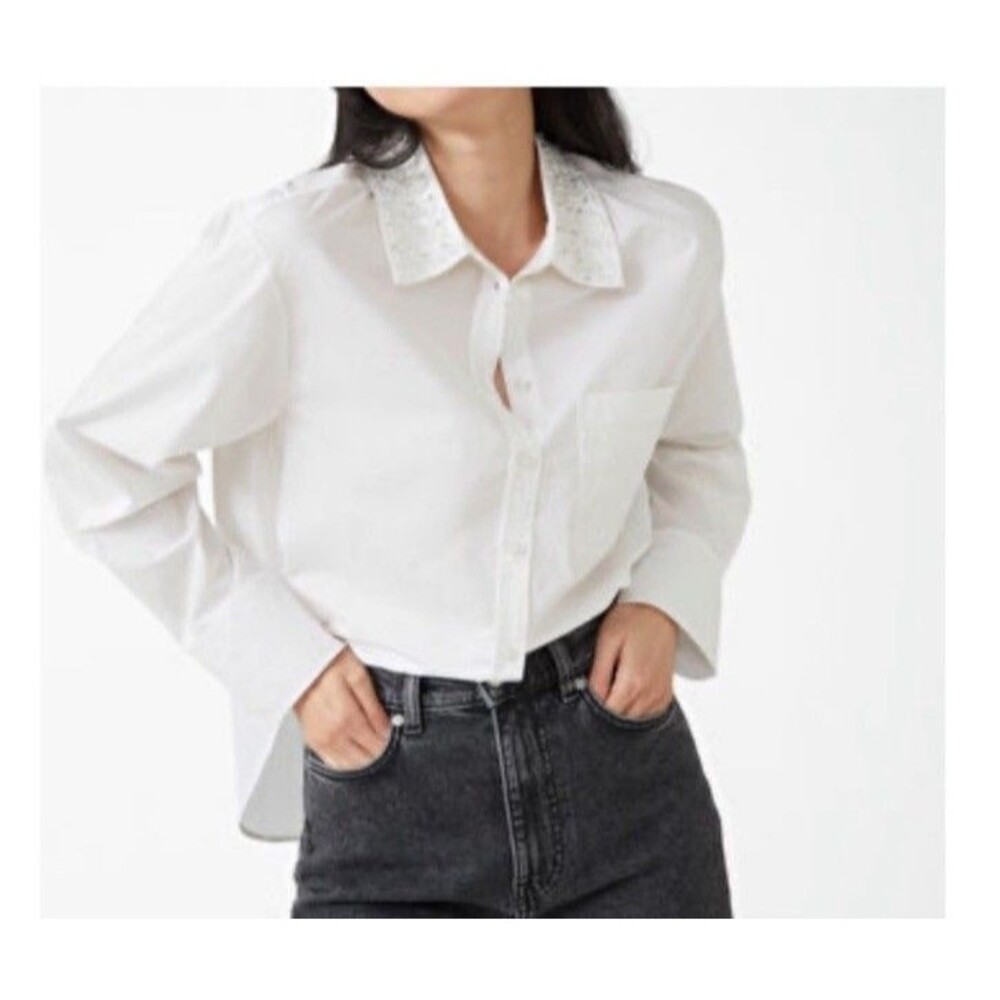 Paris Atelier & Other Stories Poplin Shirt Size 12 White Button Up Beaded Collar